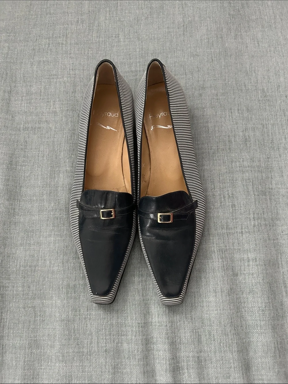 Pointed Toe Navy Leather Loafers with Striped Trim. Made in Italy.
